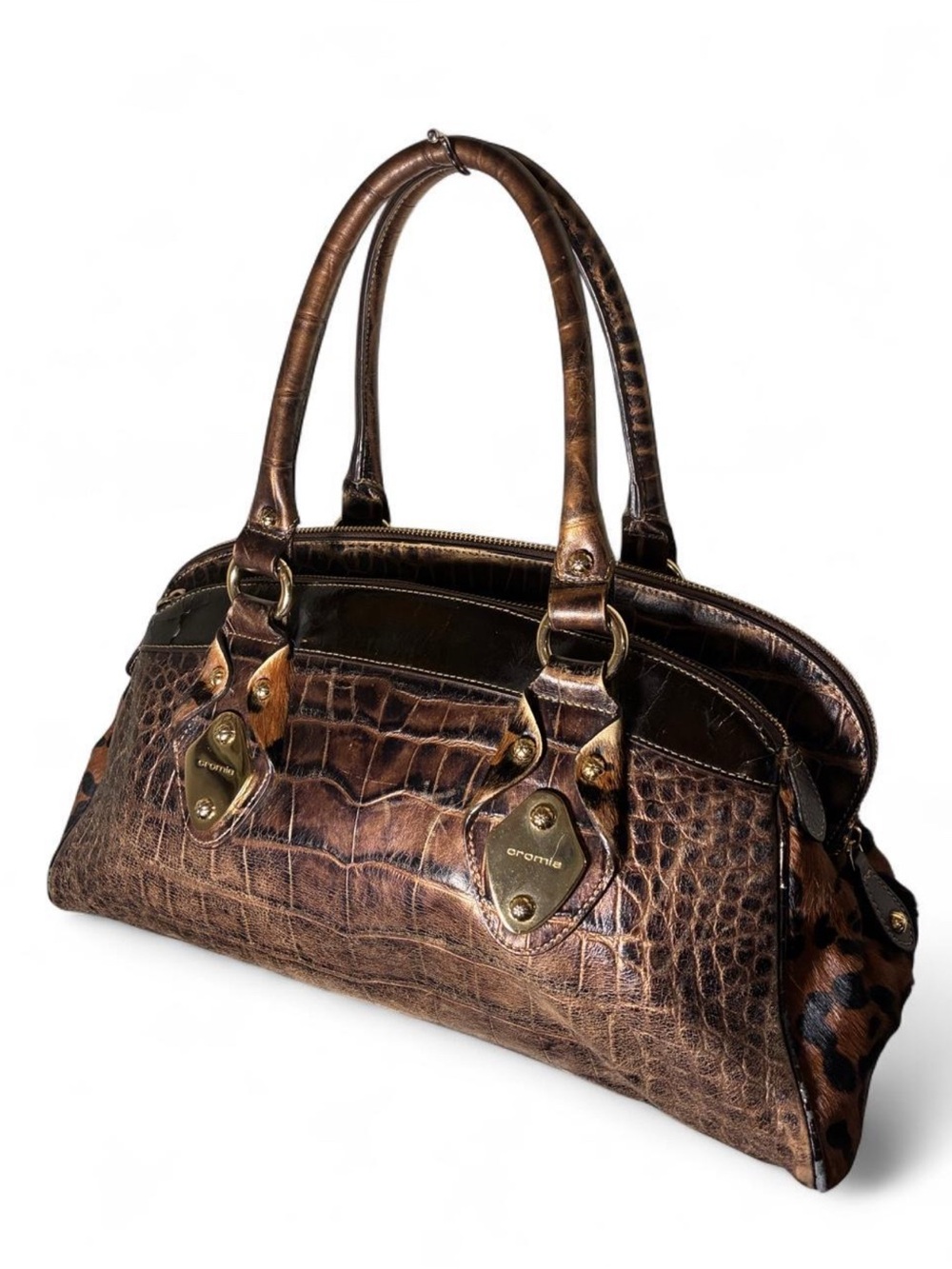 Vintage Cromia Croc Embossed & Calf Hair Cowhide Italian Leather Handbag